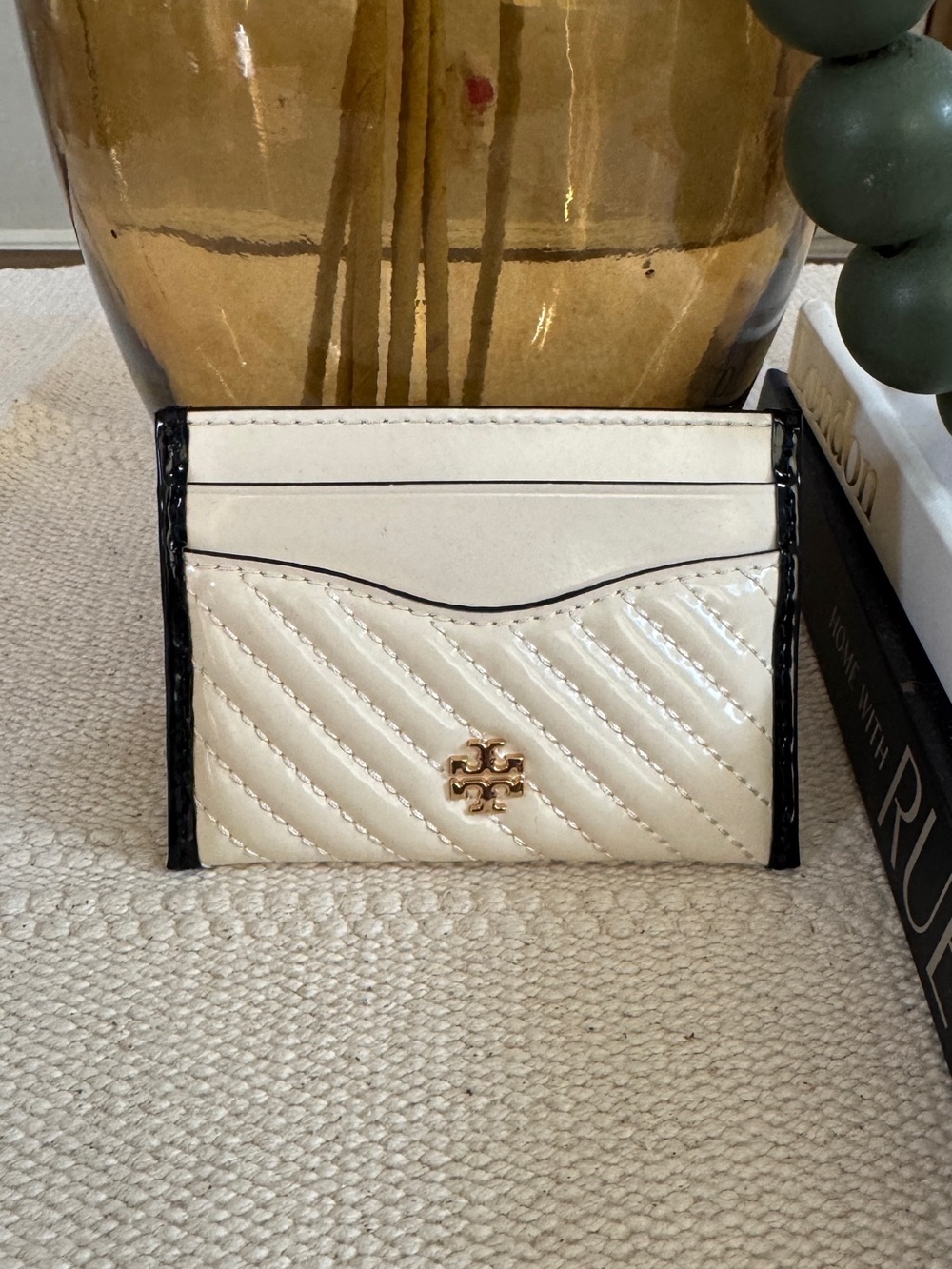 Tory Burch Ivory Quilted Card Holder with Black Trim and Gold Logo